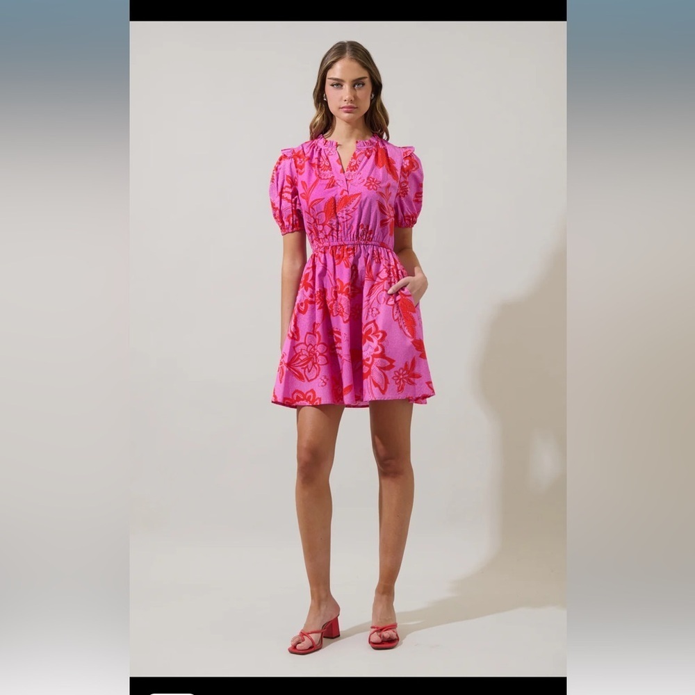 SugarLips Weirly Floral Poplin Mini Dress Red Pink Multi - Picture 3 of 7